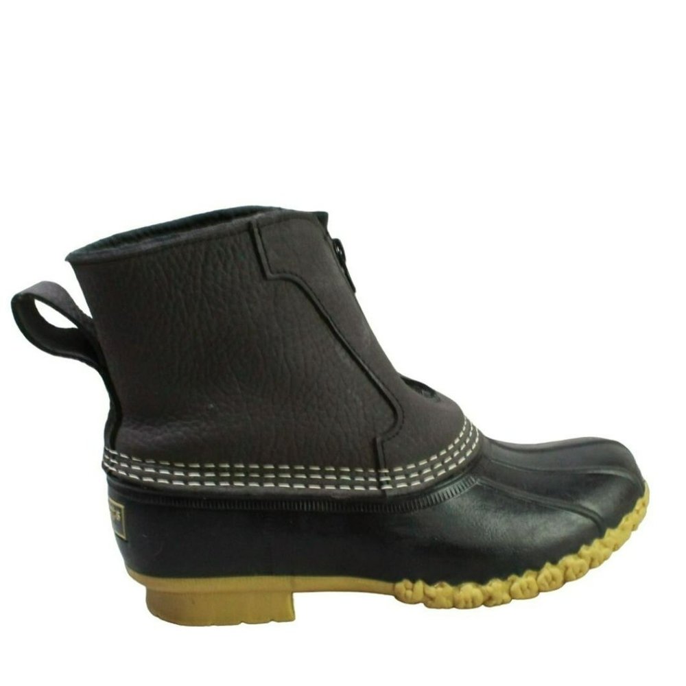 LL Bean Black Leather Front Zip Plaid Lined Insulated Ankle Duck Boots Size 6 M